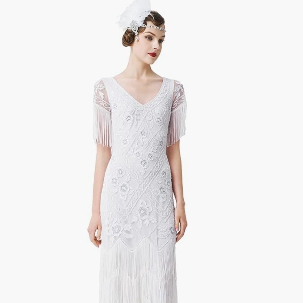 BABEYOND Women's Flapper Dress 1920s Gown Sequin Beaded Maxi Dress NEW!